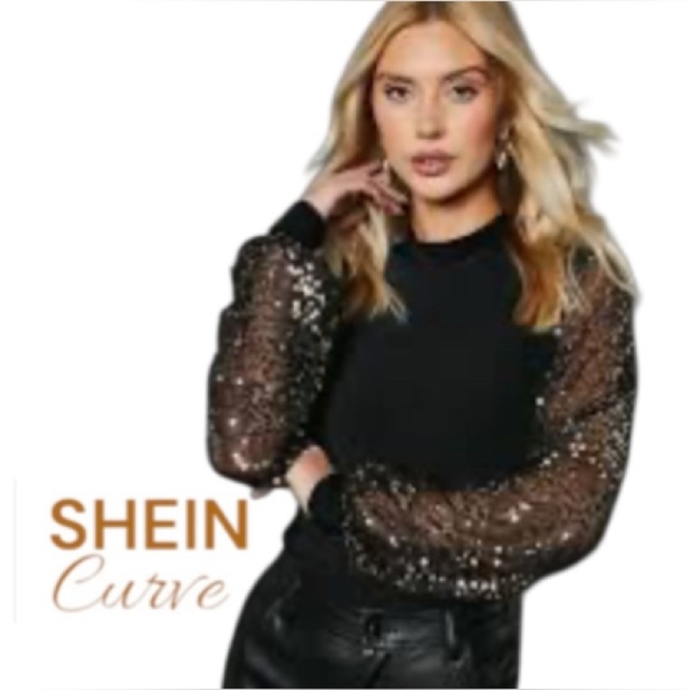 3X SHEIN  Black Sequin Sleeve High NeckTop
